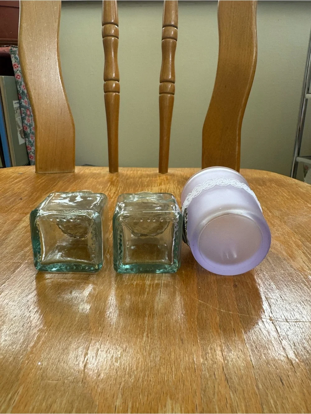 Set of 2 Mini Glasses Jars and 1 Votive Candle Holder.
